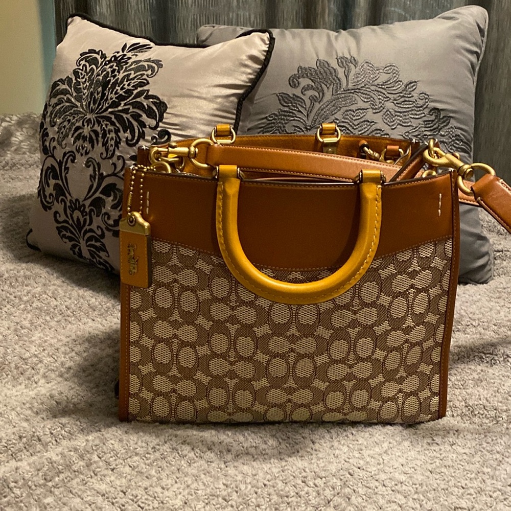 Coach Rogue Bag/ Signature Jacquard/ Glove tanned  leather and suede.